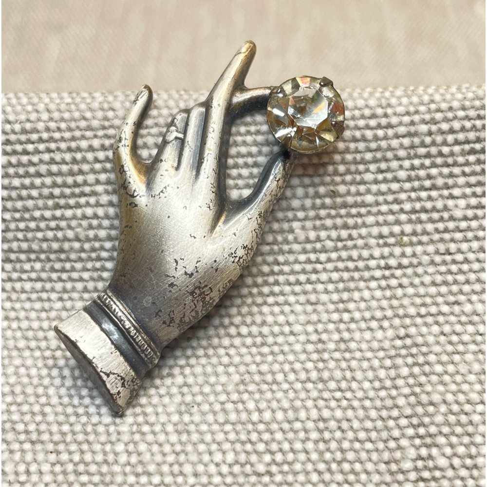 Sadie Green Victorian Hand Silver Tone Brooch with Rhinestone